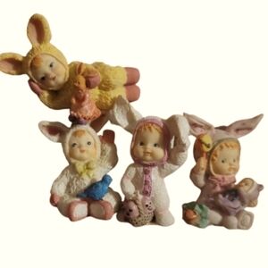 Adorable Bunny Kids 4 Figurine Set holding toys Bunnies Kids Easter Decor